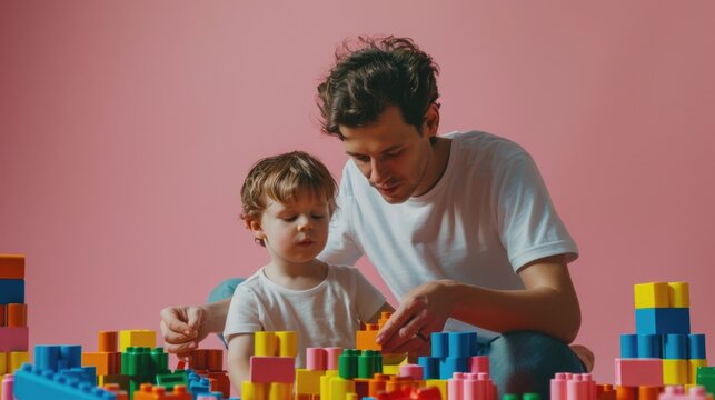 A father and son building together with bricks, promoting creativity and bonding