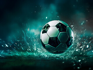 Fototapeta premium The soccer ball landed on the wet green grass on the soccer field.