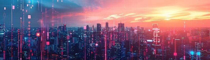 Fototapeta premium Double exposure of a futuristic cityscape with financial data charts overlay, merging technology and urban development