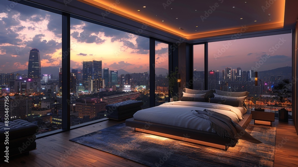 Wall mural Depict a contemporary urban oasis with floor-to-ceiling windows framing panoramic views of Seouls futuristic skyline, showcasing towering skyscrapers and bustling