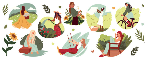 Gardening hobby. Woman working or relaxing in garden. Plants ECO growing. Picnic in nature. Spring meadow. Happy female watering flowers. Girl swinging or riding bicycle. Vector summer characters set