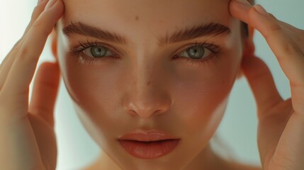 Fototapeta premium A close-up view of a woman with her hands resting on her head, possibly expressing frustration or anxiety