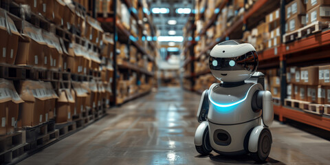 Obraz premium White robot navigating warehouse aisles with pallets of boxes