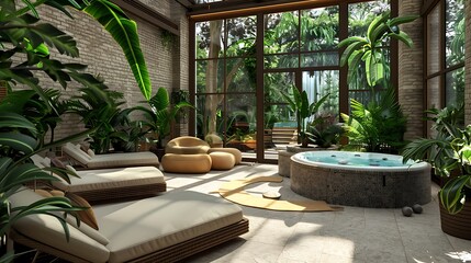 A sunroom with a luxurious spa-like ambiance, featuring a Jacuzzi, plush loungers, and tropical plants creating a relaxing retreat