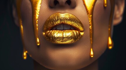 A close-up of a woman's face with a dripping gold lipstick. The liquid gold paint drips from her lips and onto her mouth. Her face is beautifully made up.