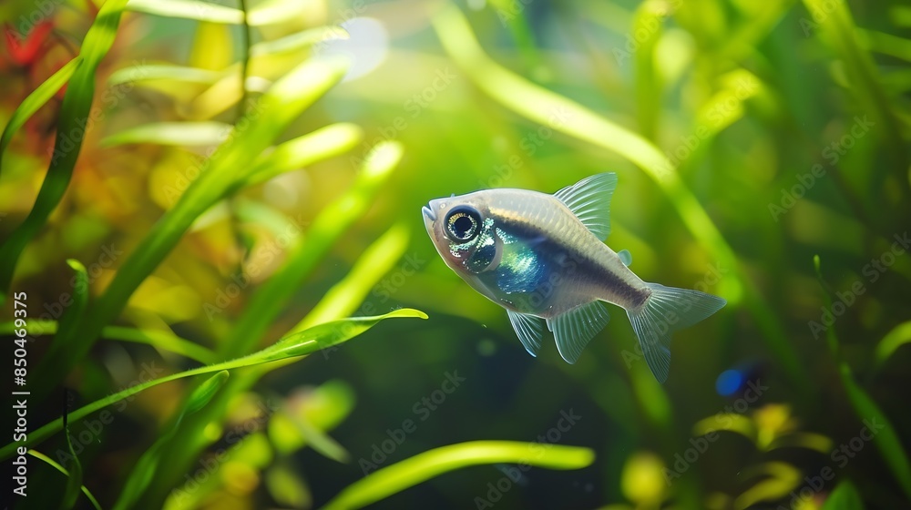 Sticker A green beautiful planted tropical freshwater aquarium with fishesA Congo tetra Phenacogrammus interruptus with water plants : Generative AI