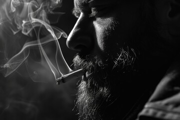 Fototapeta premium A person with a long beard holding and smoking a cigarette, great for backgrounds or themes related to relaxation or nostalgia