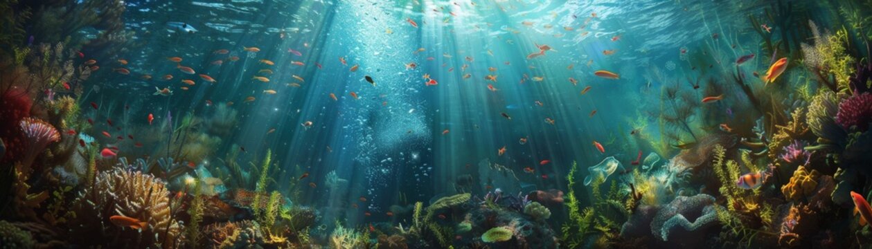 Vibrant underwater scene of a coral reef teeming with diverse marine life illuminated by sunlight. Perfect for ocean and marine themed visuals.