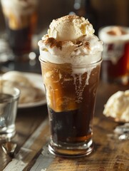 Creamy Nostalgia: Classic Diner Setting with Root Beer Float and Vanilla Ice Cream Scoop