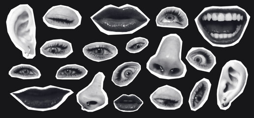 Collage of halftone eyes, noses, mouths and ears on a black background. Texture retro elements templates for posters, collages and banners. Vector