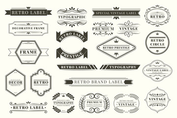 Ornament frame, logo set. Label element, flourish design. Ribbon elegant shape, banner decoration. Retro classic ornate text, luxury old sign. Elegant filigree calligraphy forms. Vector garish graphic