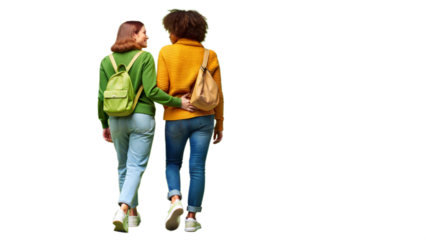 Two friends walking side by side on a city street, representing companionship and shared adventures.