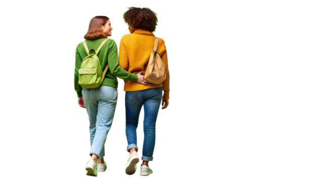 Two friends walking side by side on a city street, representing companionship and shared adventures.