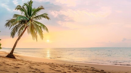 Obraz premium Island palm tree sea sand beach Panoramic beach landscape Inspire tropical beach seascape horizon Orange and golden sunset sky calmness tranquil relaxing summer mood Vacation travel ho : Generative AI