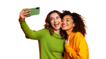Two best friends taking a selfie with a smartphone, showcasing their fun and playful bond.