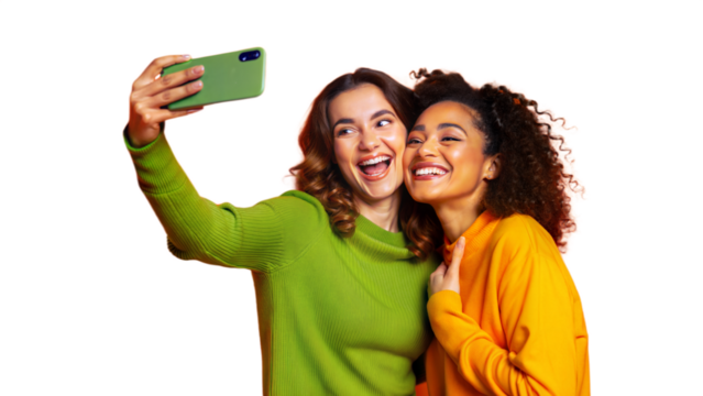 Two best friends taking a selfie with a smartphone, showcasing their fun and playful bond. - Powered by Adobe