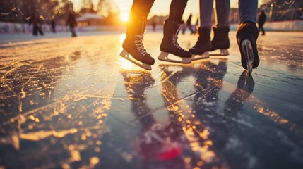 Fototapeta premium Group of people enjoying winter activity on frozen lake or backyard rink