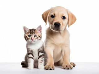 Fototapeta premium A domestic cat and dog sit side by side, an unlikely friendship