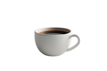 Minimalist white ceramic coffee cup filled with black coffee, isolated on a transparent background. Perfect for cafe, morning routine, and beverage themes.