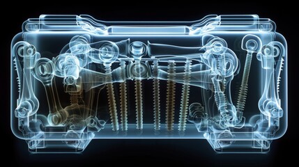 X-ray scan of a container of screws, revealing the sizes and threading.
