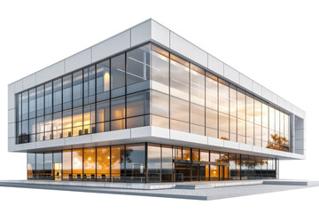 Obraz premium Modern glass office building with sleek architecture, reflecting natural light and surroundings, showcasing contemporary design and urban elegance.