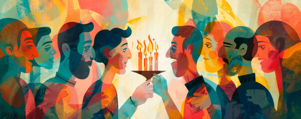 Obraz premium A diverse group of individuals is depicted in a painting, standing close together and holding a candle. The warm glow of candlelight illuminates their faces, unity, togetherness. Banner. Copy space