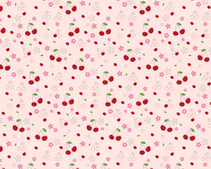 Vector doodle pattern of cherrys. Summer print with hand drawn cherrys. Tropical healthy fresh pattern