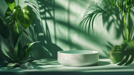 A white bowl sits next to a plant on a table
