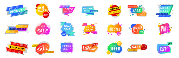 Badge sale. Label price tag offer. Banner promotion, special sticker. Discount stamp round, seal design icon, ribbon template buy promo. Colorful geometric emblems. Vector garish symbol marketing set