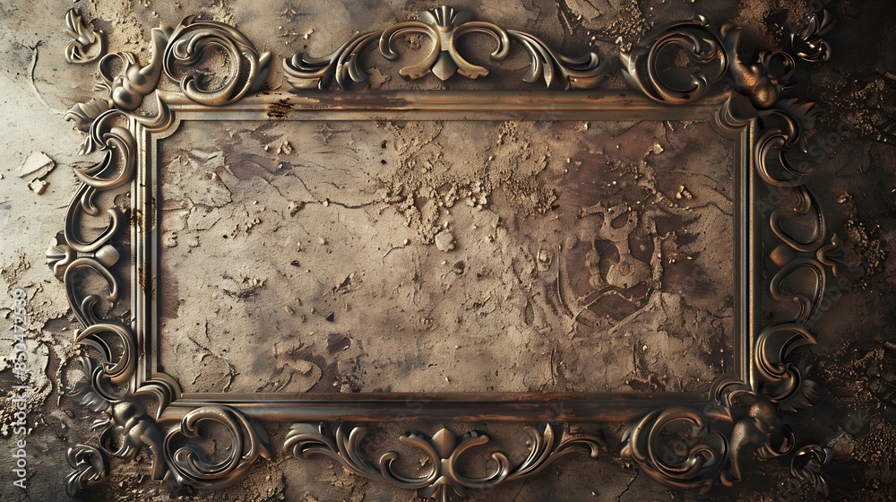 Poster vintage openwork bronze metal frame on a old wall background : generative ai