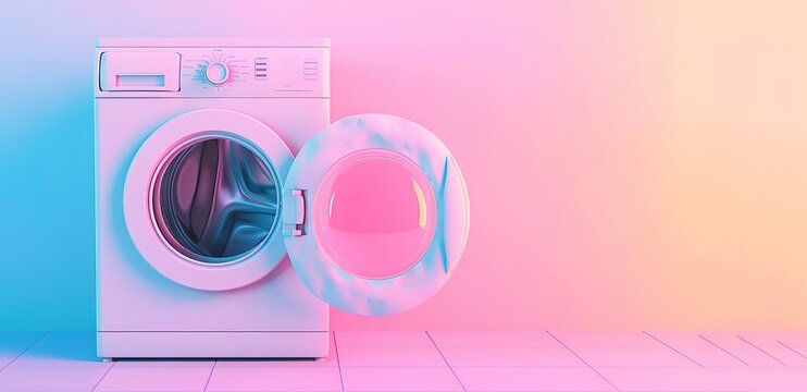 laundry room.  An open washing machine in a room with a colorful background