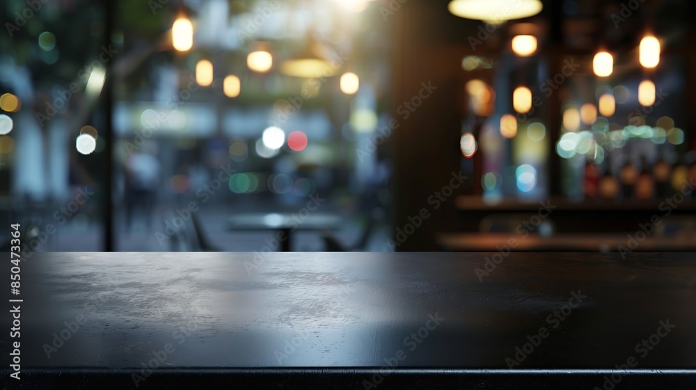 Poster dark blurred background with empty table top cafe restaurant windows background for your product : Generative AI