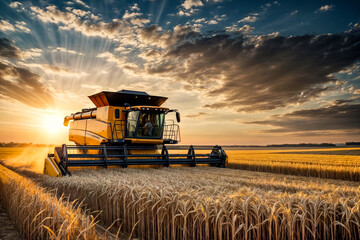 Modern industrial combine harvester harvesting wheat on agricultural field at sunset. Grain harvester, harvest, summertime. Time to harvest, agriculture. Rich harvesting concept. Copy ad text space