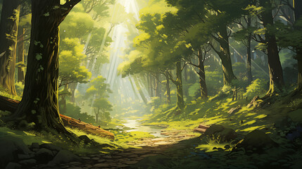 Naklejka premium Bright Forest Path with Sunlight Beams