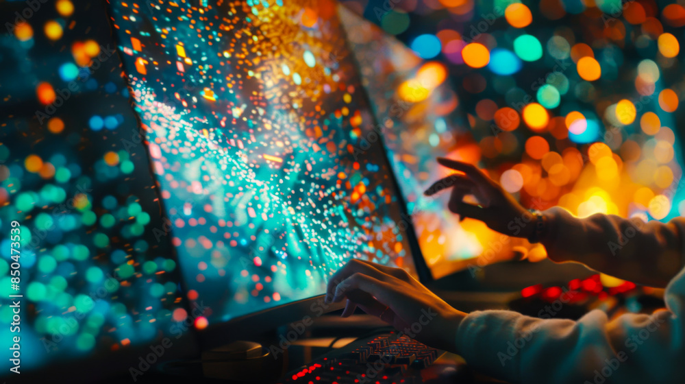 Poster a person is typing on a computer with a monitor displaying a colorful, swirling pattern. concept of 