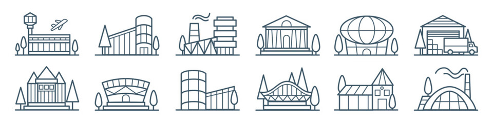 Icon line architecture. Modern city building. Outline art. Airport and mall. Houses district. Museum exterior. Factory and warehouse. Office estate. Urban university. Vector tidy facility symbols set