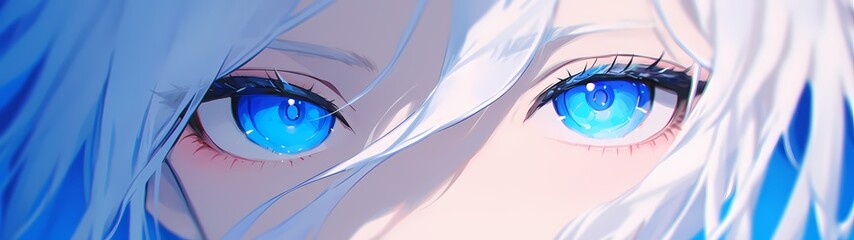 close-up illustration of shining blue eyes, anime style banner wallpaper background