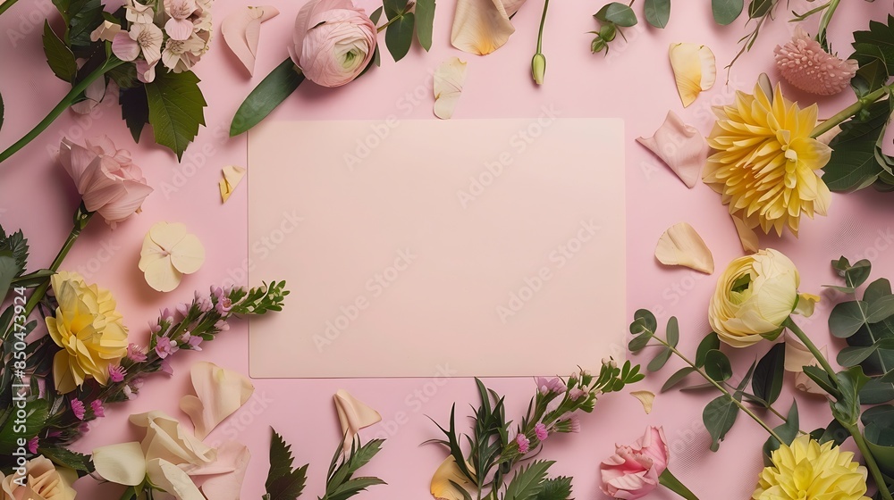 Poster creative layout made of flowers and leaves with paper card note flat lay nature concept : generative
