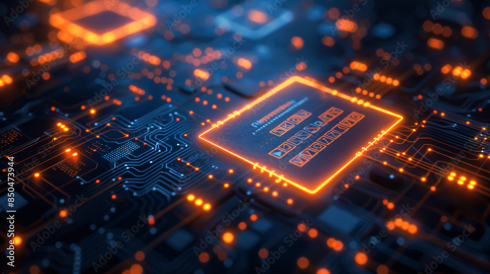 Poster close-up of a technology chip in a processor on a dark background with orange backlight. technology 
