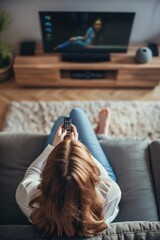Obraz premium A woman sits on a couch holding a remote control, ready to watch her favorite show