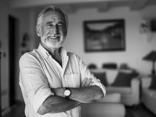 A person standing in a home space, arms crossed