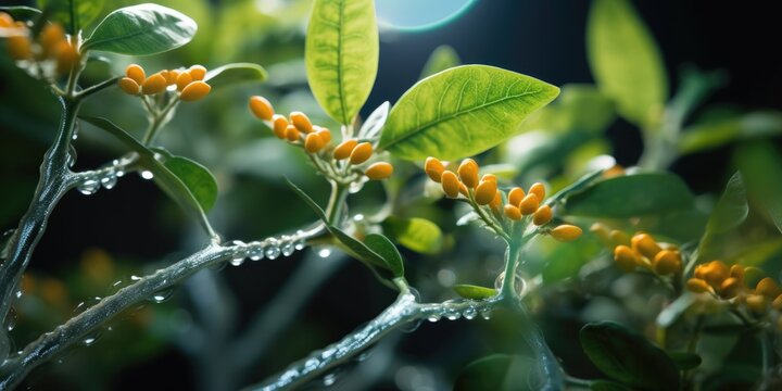 A close-up shot of a plant with multiple oranges growing on its branches