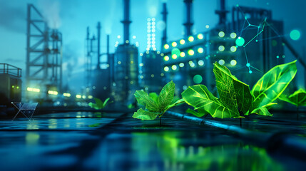 Green industry concept with factory and leaves in futuristic glowing low polygonal style on blue