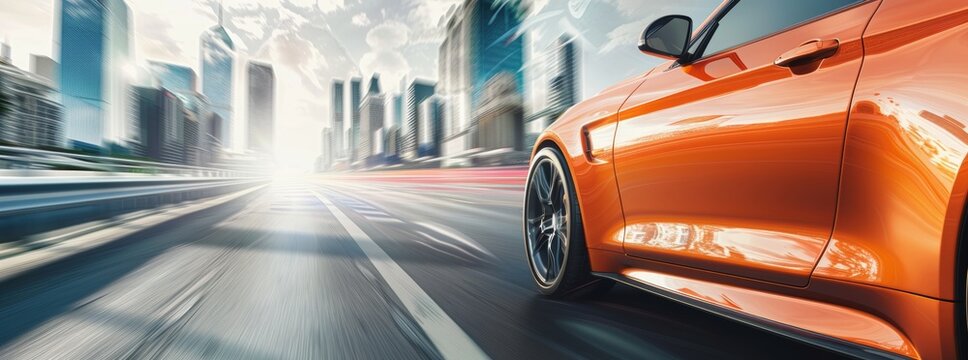 Car driving on highway with motion blur, orange car with dark city background. Concept of high speed and urban traffic.