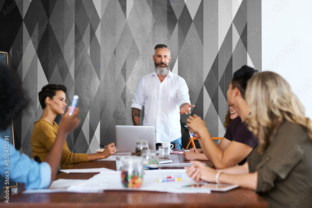 Poster designer, people and meeting in office with conversation or vision sharing, campaign ideas and proje