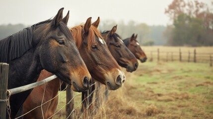 Fototapeta premium Group of horses standing near a fence, ideal for use in agriculture or rural-themed designs