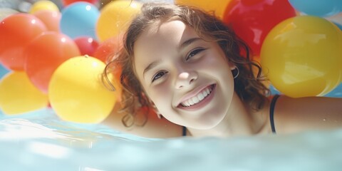 Obraz premium A young girl enjoying herself in a colorful pool filled with balloons, perfect for birthday party or celebration scene