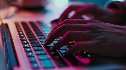 Close up of freelancers developer hands typing program code on laptop keyboard in coworking Businessman at work in working in office Copywriter writing text on computer keyboard in cof : Generative AI