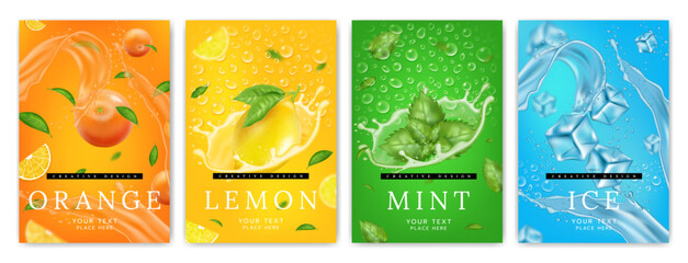 Fototapeta premium Fruit poster, splash water. Lemon, orange, green mint and ice in liquid in motion. Background fresh, drop drink 3d. Menthol flavor, citrus juice. Cold summer banner. Vector realistic isolated elements
