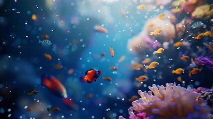 Fototapeta premium underwater coral reef landscape 16to9 background in the deep blue ocean with colorful fish and marine life : Generative AI
